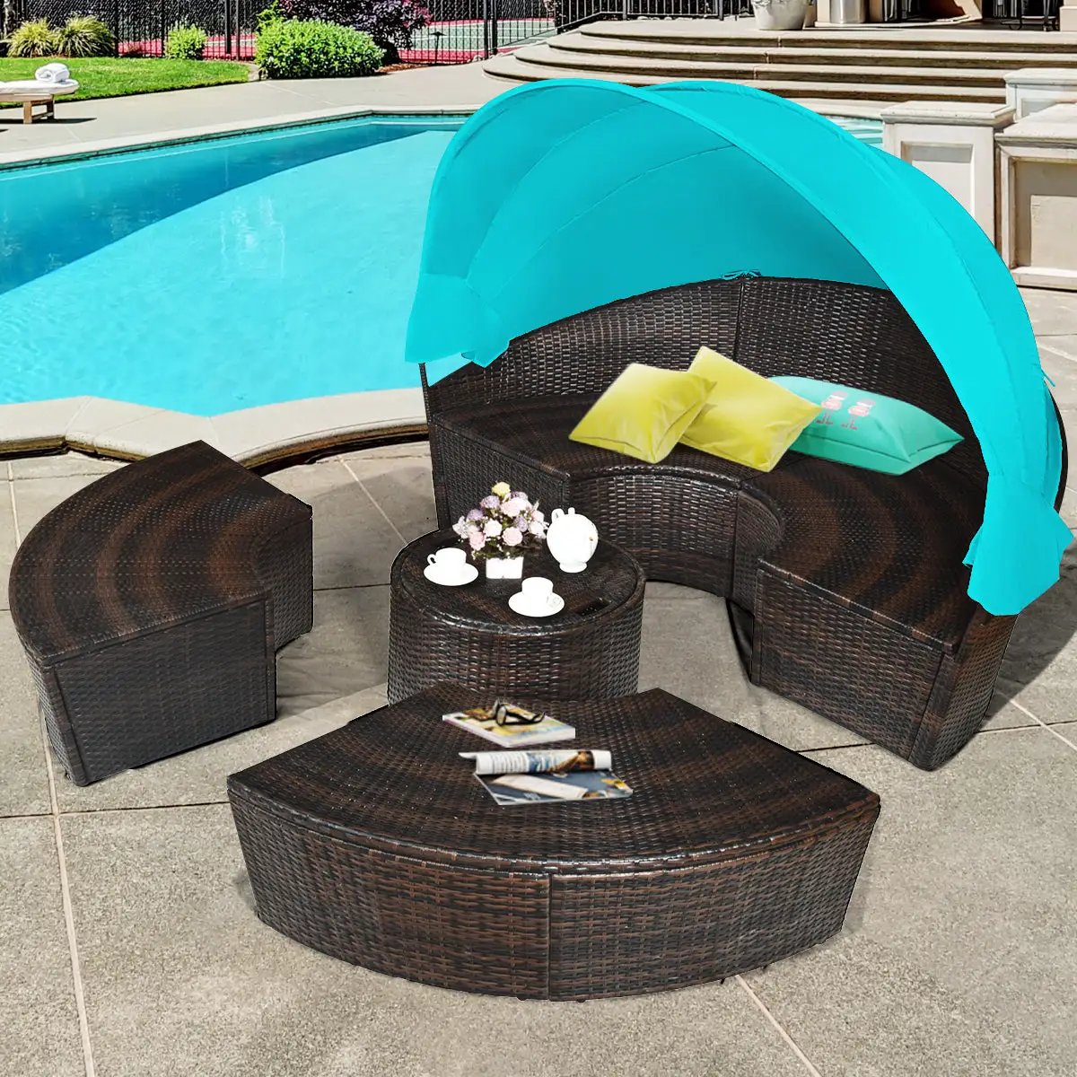 Patio Round Daybed Rattan Furniture Sets with Canopy, photo 5 of 24
