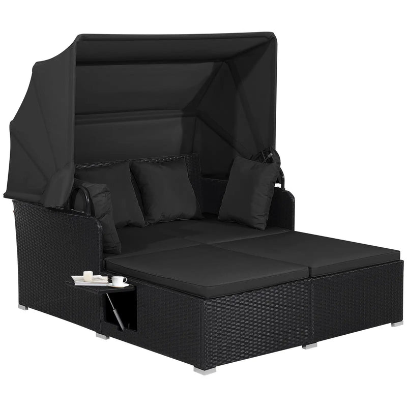 Patio Rattan Daybed with Retractable Canopy and Side Tables by DirectDeals