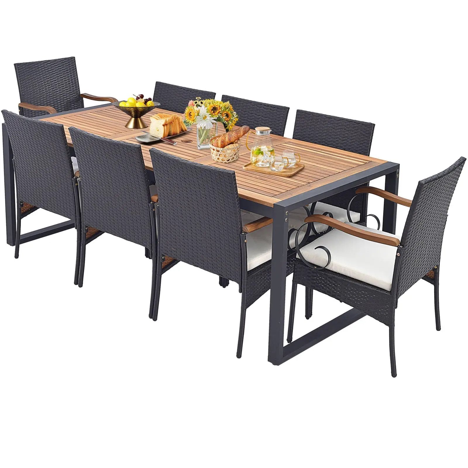 9 Pieces Patio Rattan Dining Set with Acacia Wood Table for Backyard Garden by DirectDeals