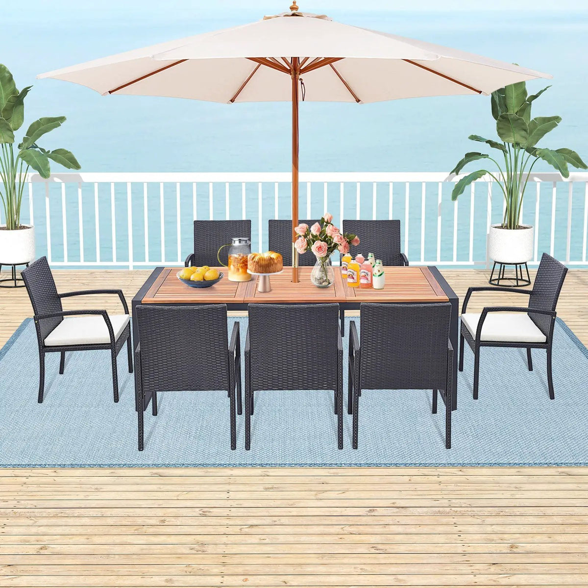 9 Pieces Patio Rattan Dining Set with Acacia Wood Table for Backyard Garden