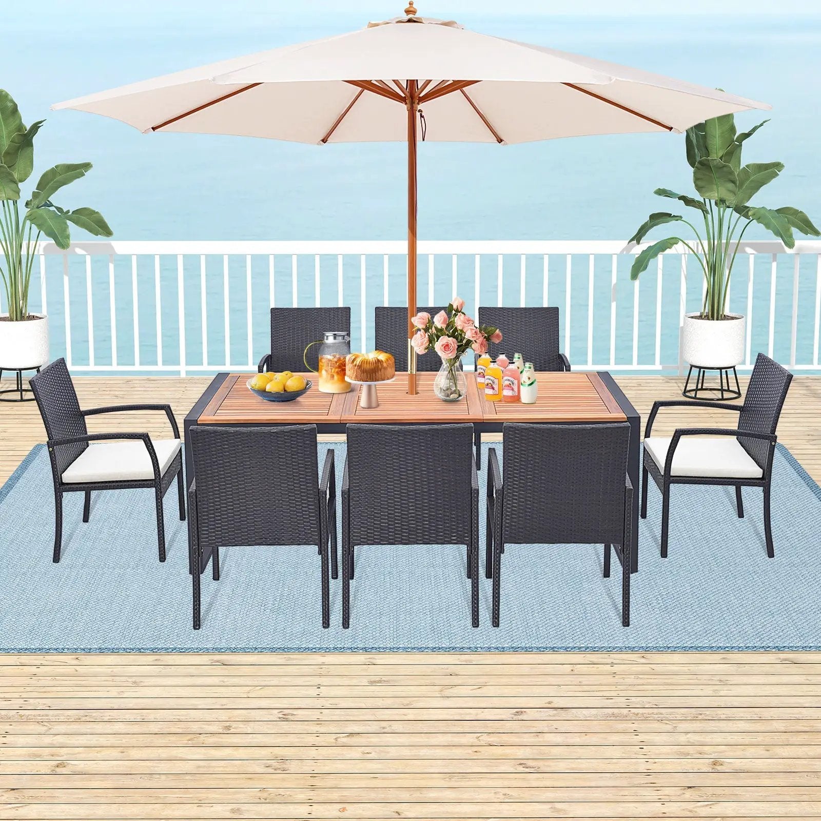 9 Pieces Patio Rattan Dining Set with Acacia Wood Table for Backyard Garden by DirectDeals