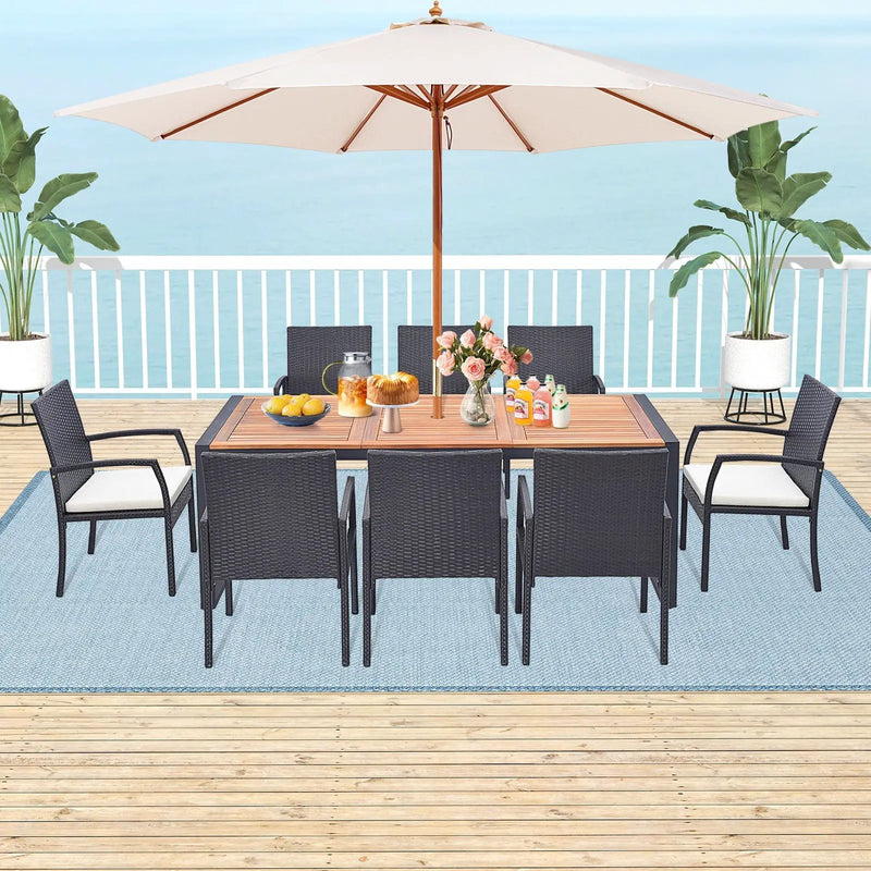 9 Pieces Patio Rattan Dining Set with Acacia Wood Table for Backyard Garden by DirectDeals