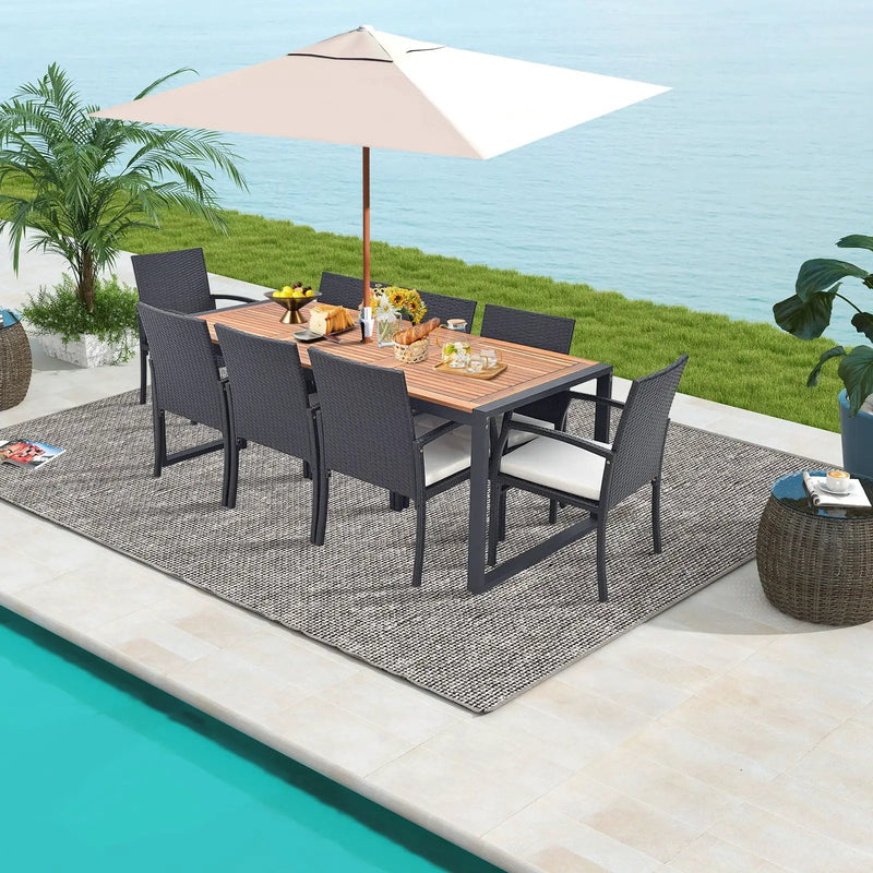 9 Pieces Patio Rattan Dining Set with Acacia Wood Table for Backyard Garden by DirectDeals