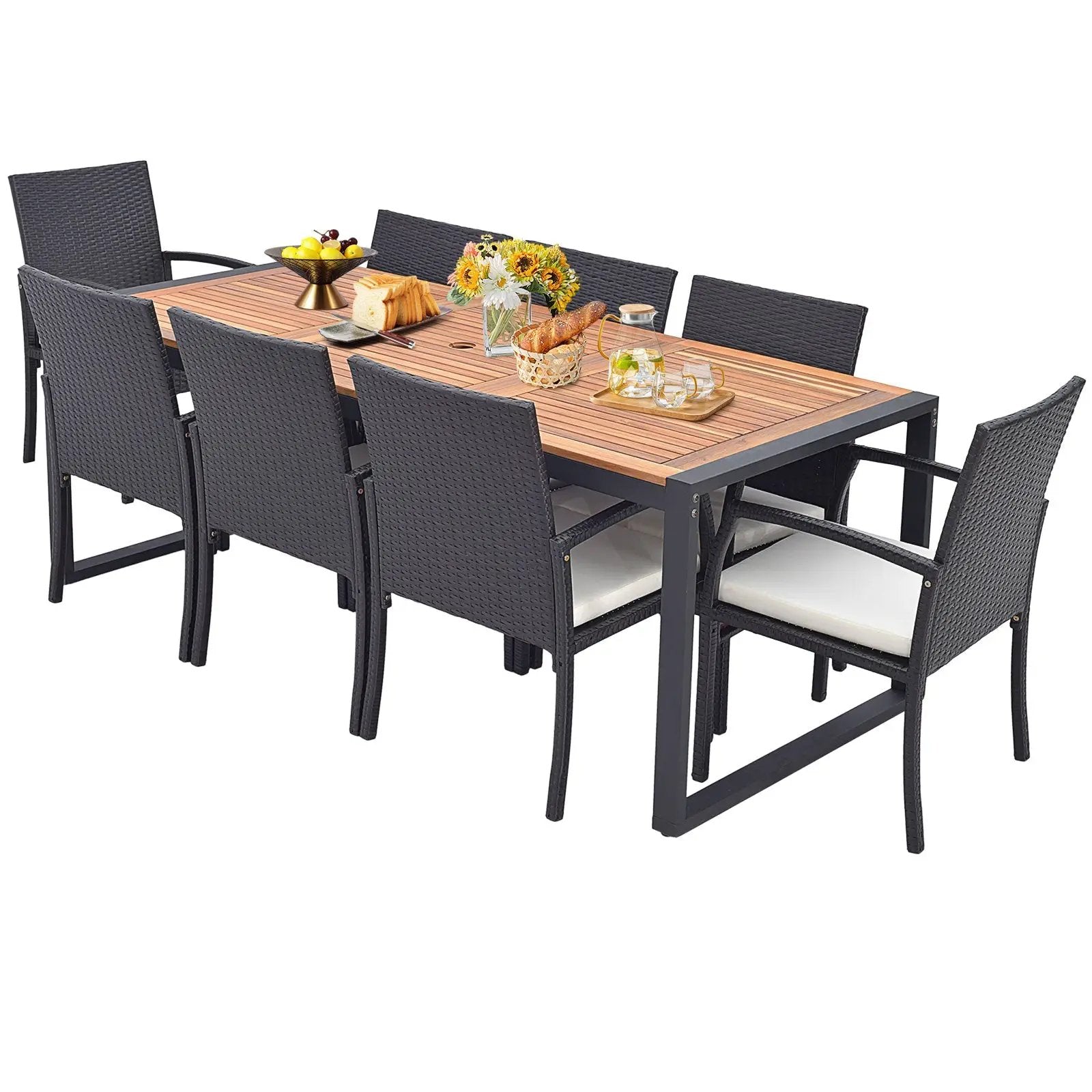 9 Pieces Patio Rattan Dining Set with Acacia Wood Table for Backyard Garden by DirectDeals