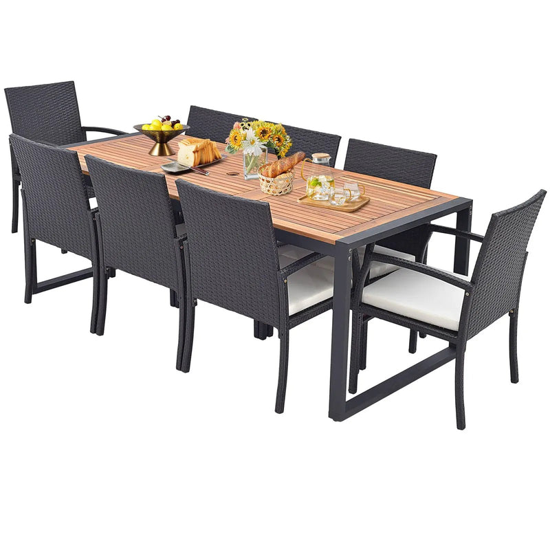 9 Pieces Patio Rattan Dining Set with Acacia Wood Table for Backyard Garden by DirectDeals