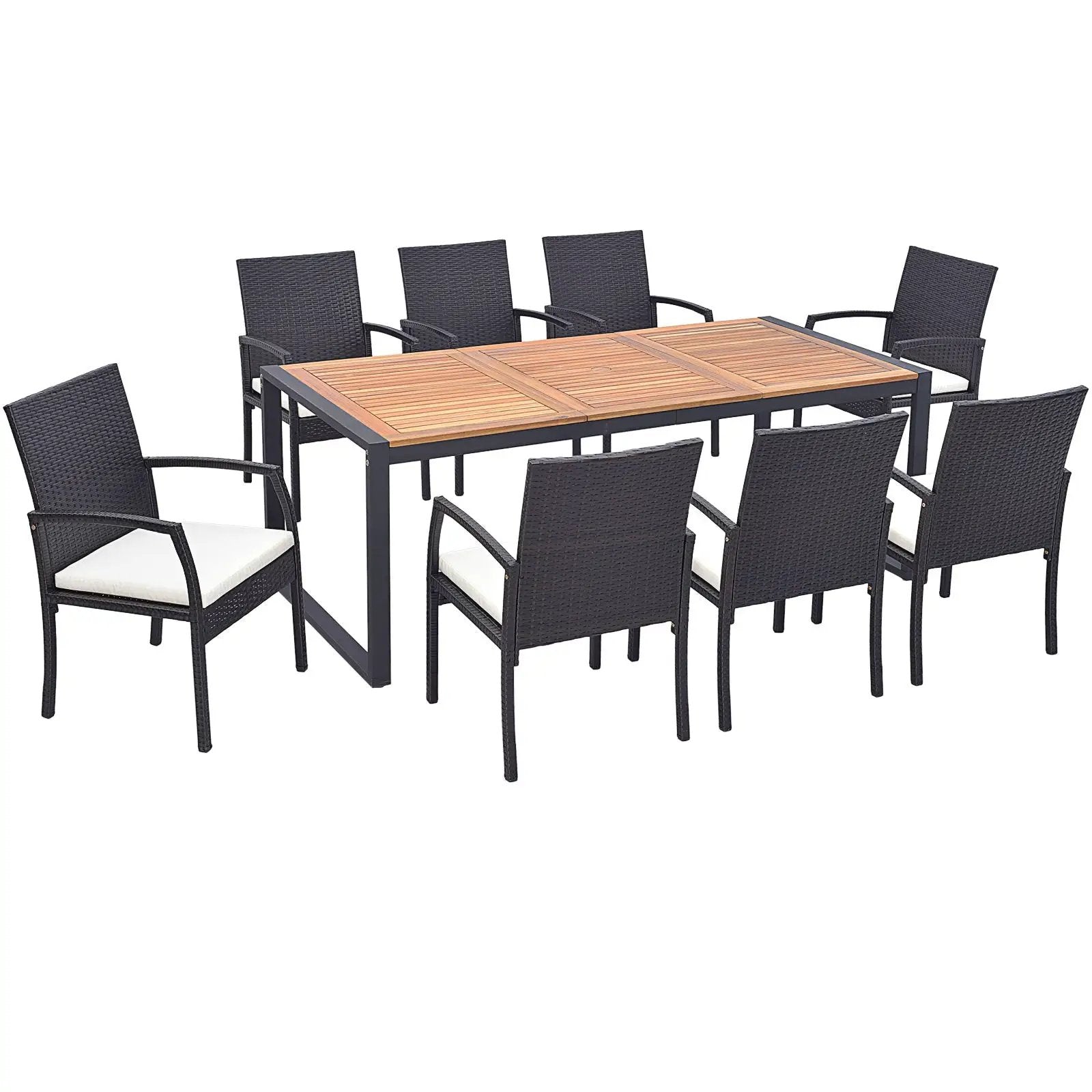 9 Pieces Patio Rattan Dining Set with Acacia Wood Table for Backyard Garden by DirectDeals