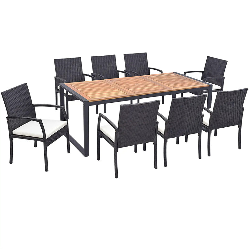 9 Pieces Patio Rattan Dining Set with Acacia Wood Table for Backyard Garden by DirectDeals