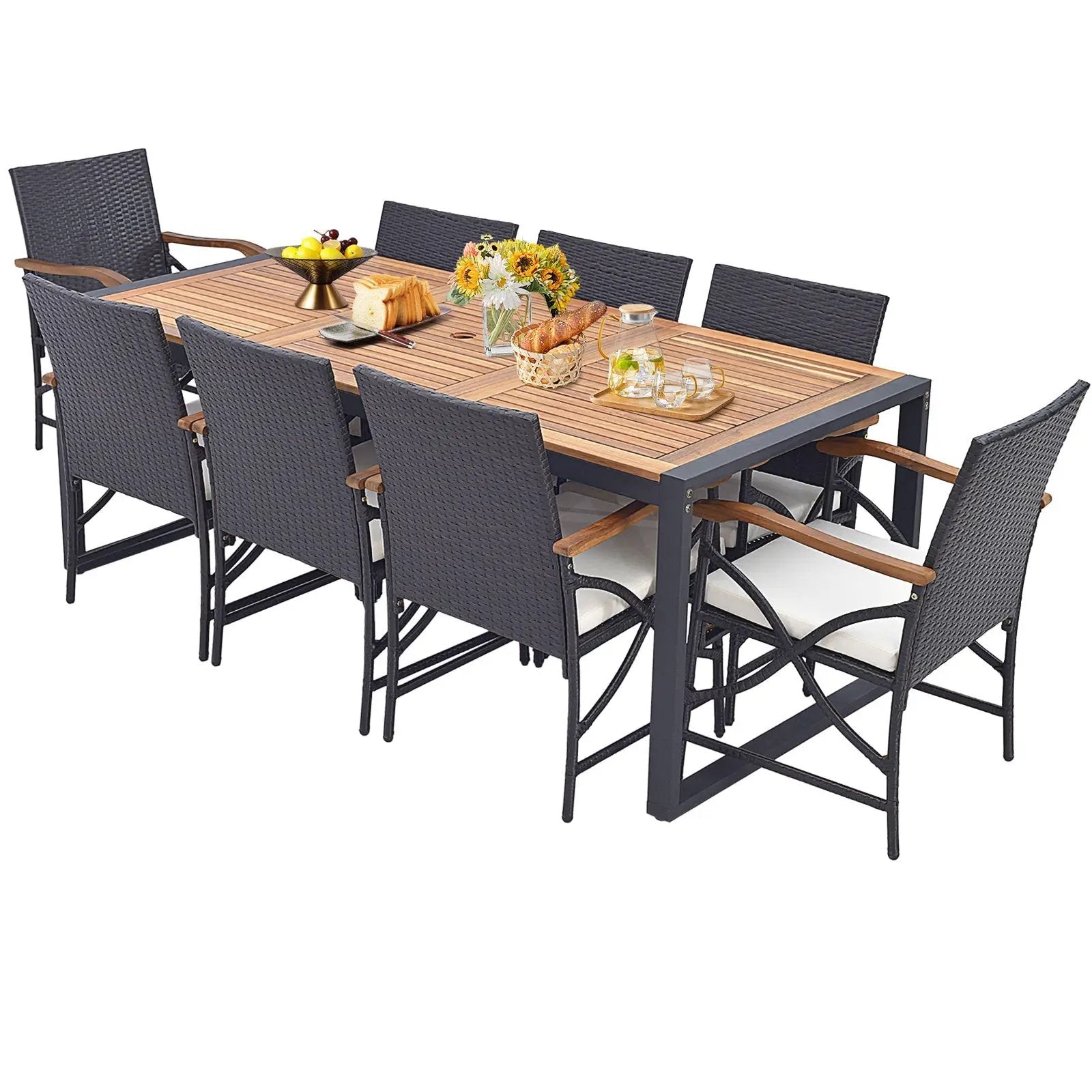 9 Pieces Patio Rattan Dining Set with Acacia Wood Table for Backyard Garden by DirectDeals