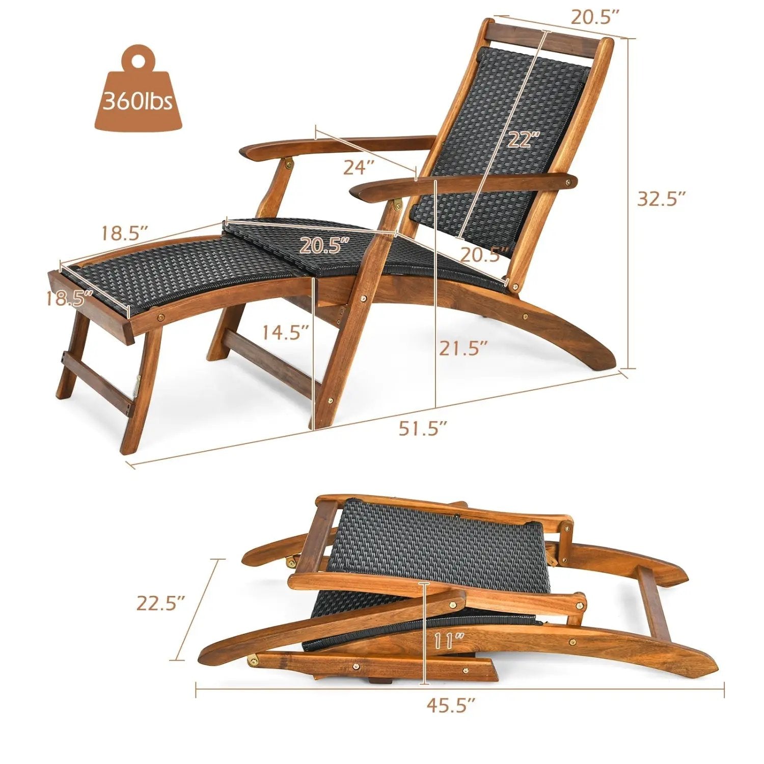 Patio Rattan Folding Lounge Chair with Acacia Wooden Frame Retractable Footrest Set of 2 by DirectDeals