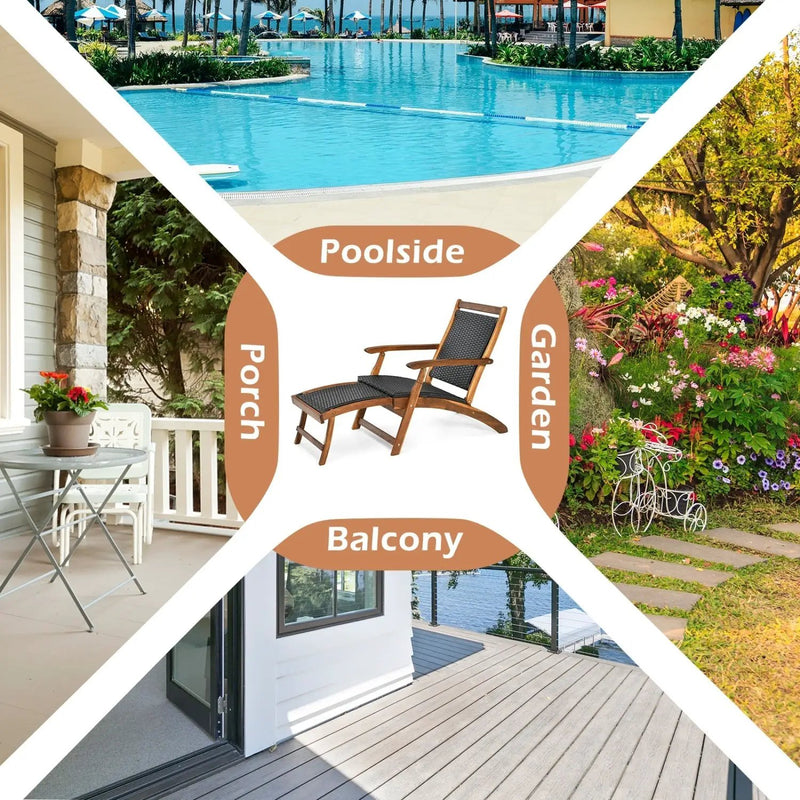 Patio Rattan Folding Lounge Chair with Acacia Wooden Frame Retractable Footrest Set of 2 by DirectDeals