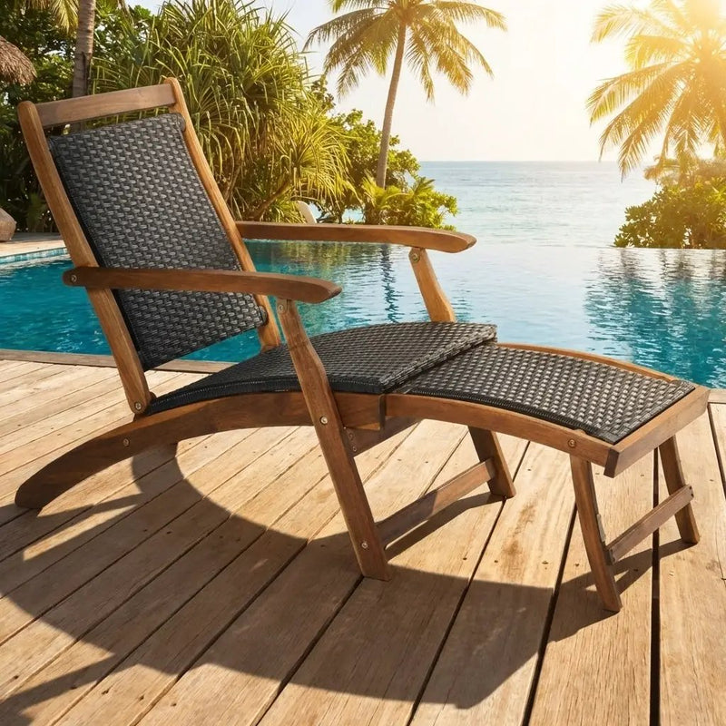 Patio Rattan Folding Lounge Chair with Acacia Wooden Frame Retractable Footrest Set of 2 by DirectDeals