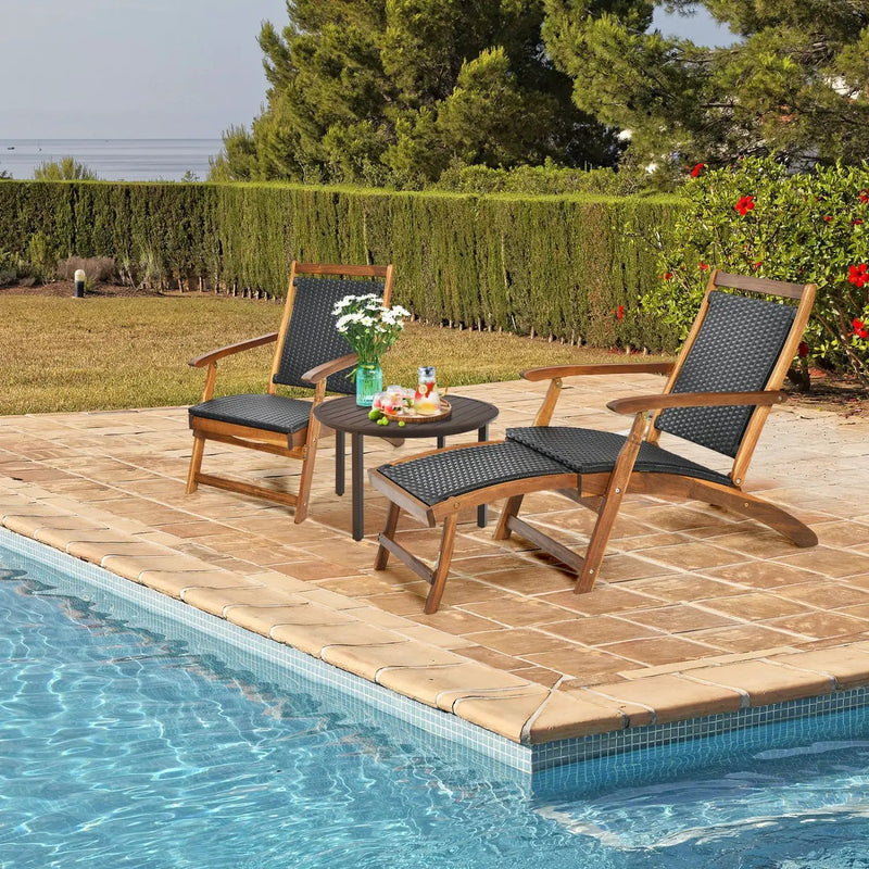 Patio Rattan Folding Lounge Chair with Acacia Wooden Frame Retractable Footrest Set of 2 by DirectDeals