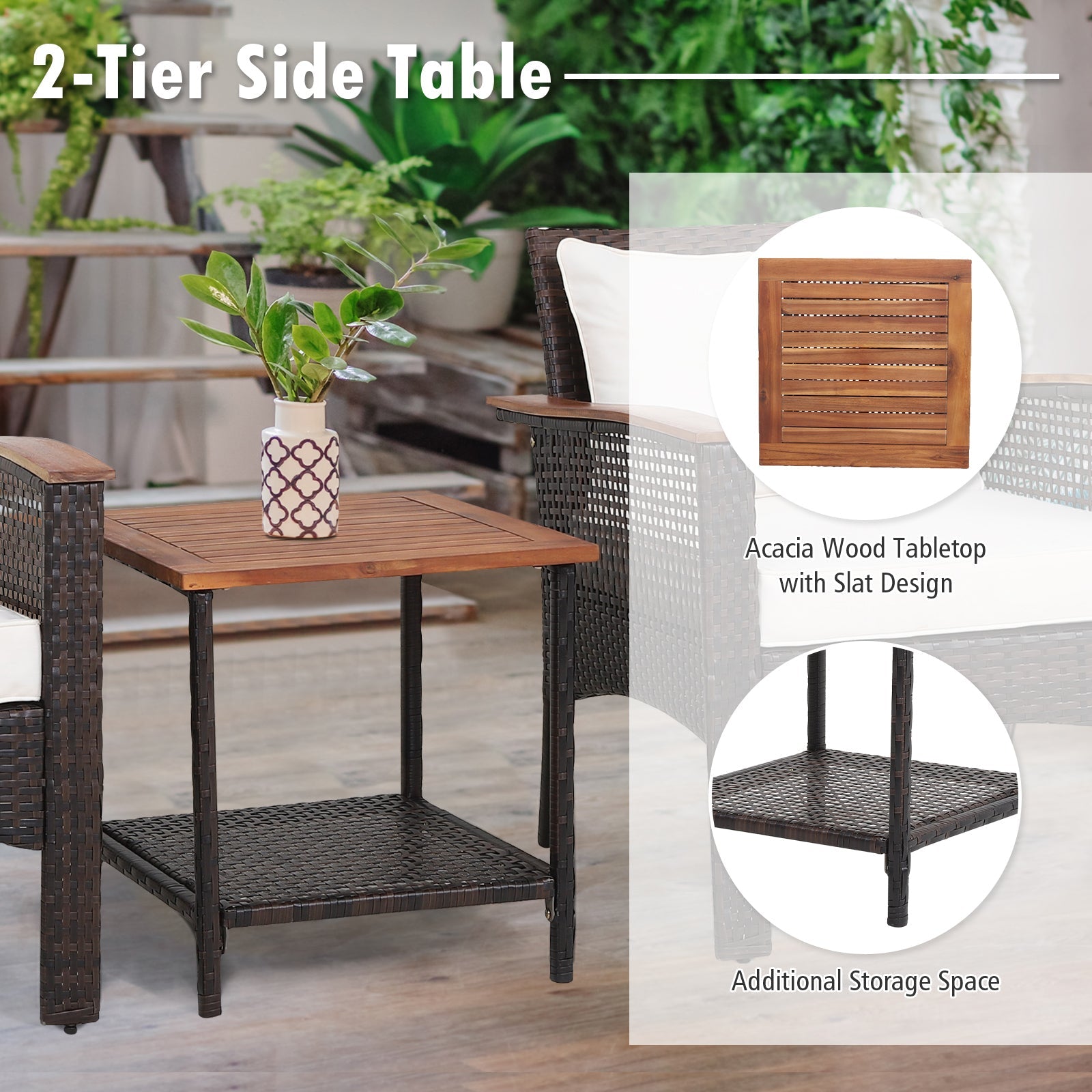 3 Pieces Patio Rattan Furniture Set with Acacia Wood Tabletop by DirectDeals