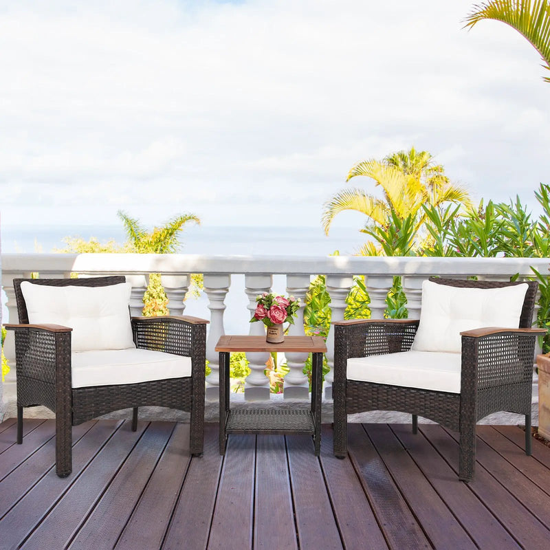 3 Pieces Patio Rattan Furniture Set with Acacia Wood Tabletop by DirectDeals