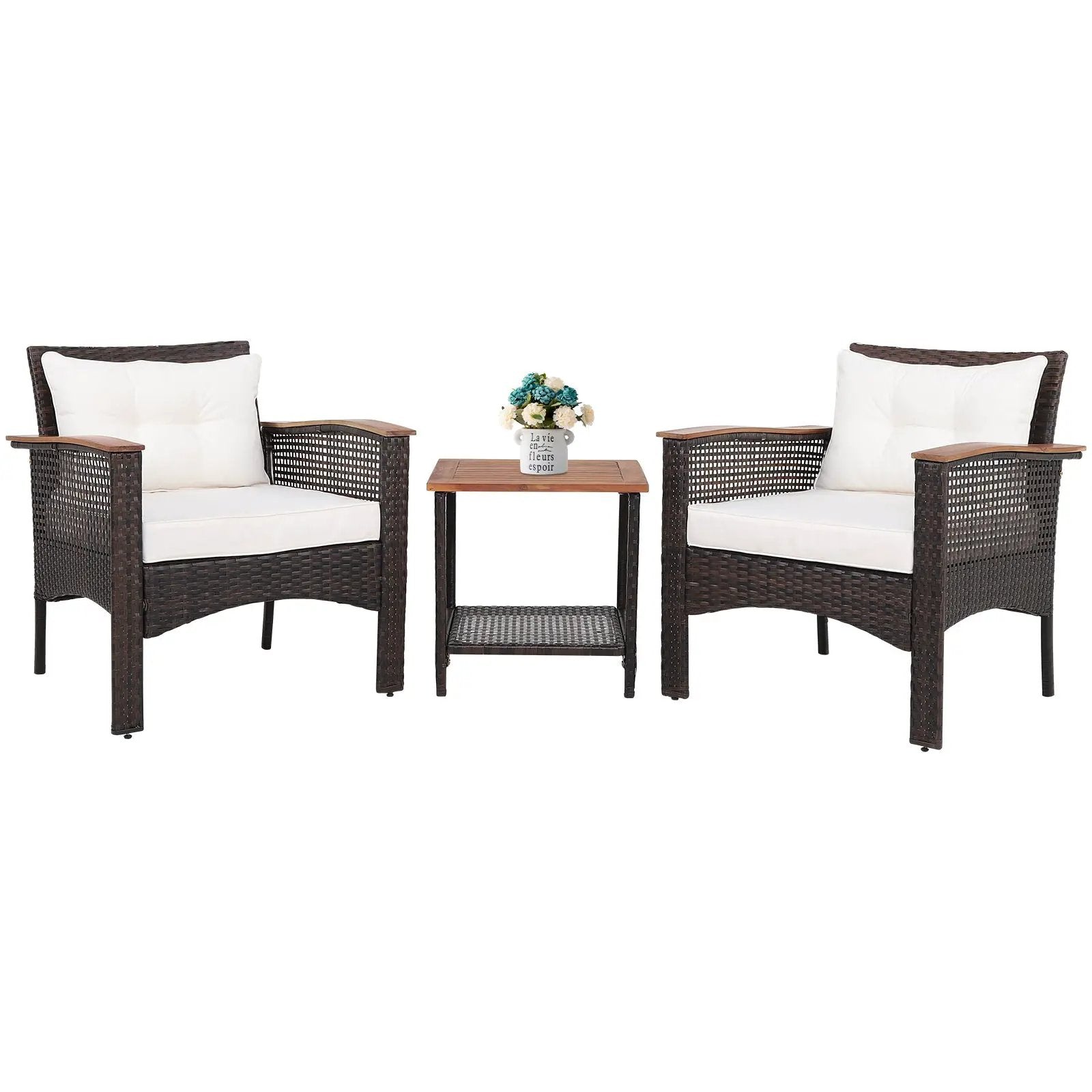 3 Pieces Patio Rattan Furniture Set with Acacia Wood Tabletop by DirectDeals