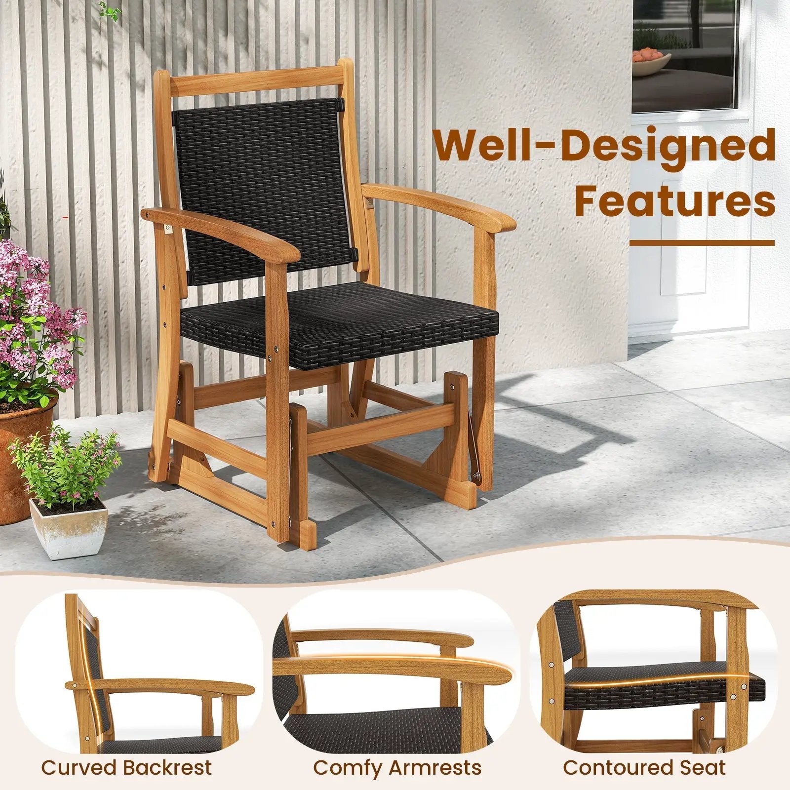 Rattan Glider Chair with Acacia Wood Frame by DirectDeals
