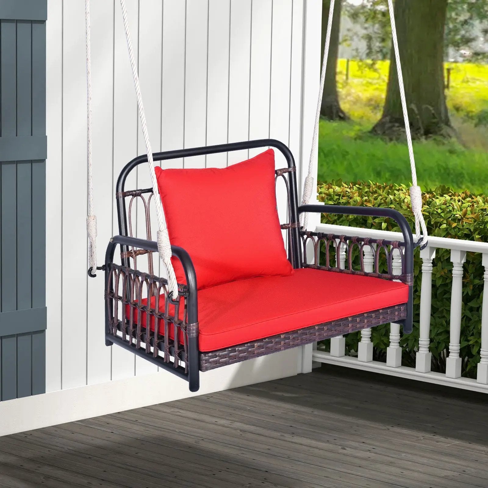 Patio Rattan Porch Swing Hammock Chair with Seat Cushion-Red by DirectDeals