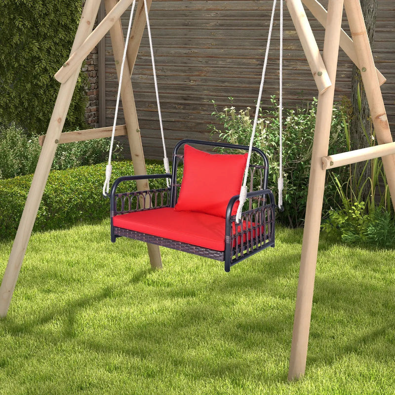 Patio Rattan Porch Swing Hammock Chair with Seat Cushion-Red by DirectDeals