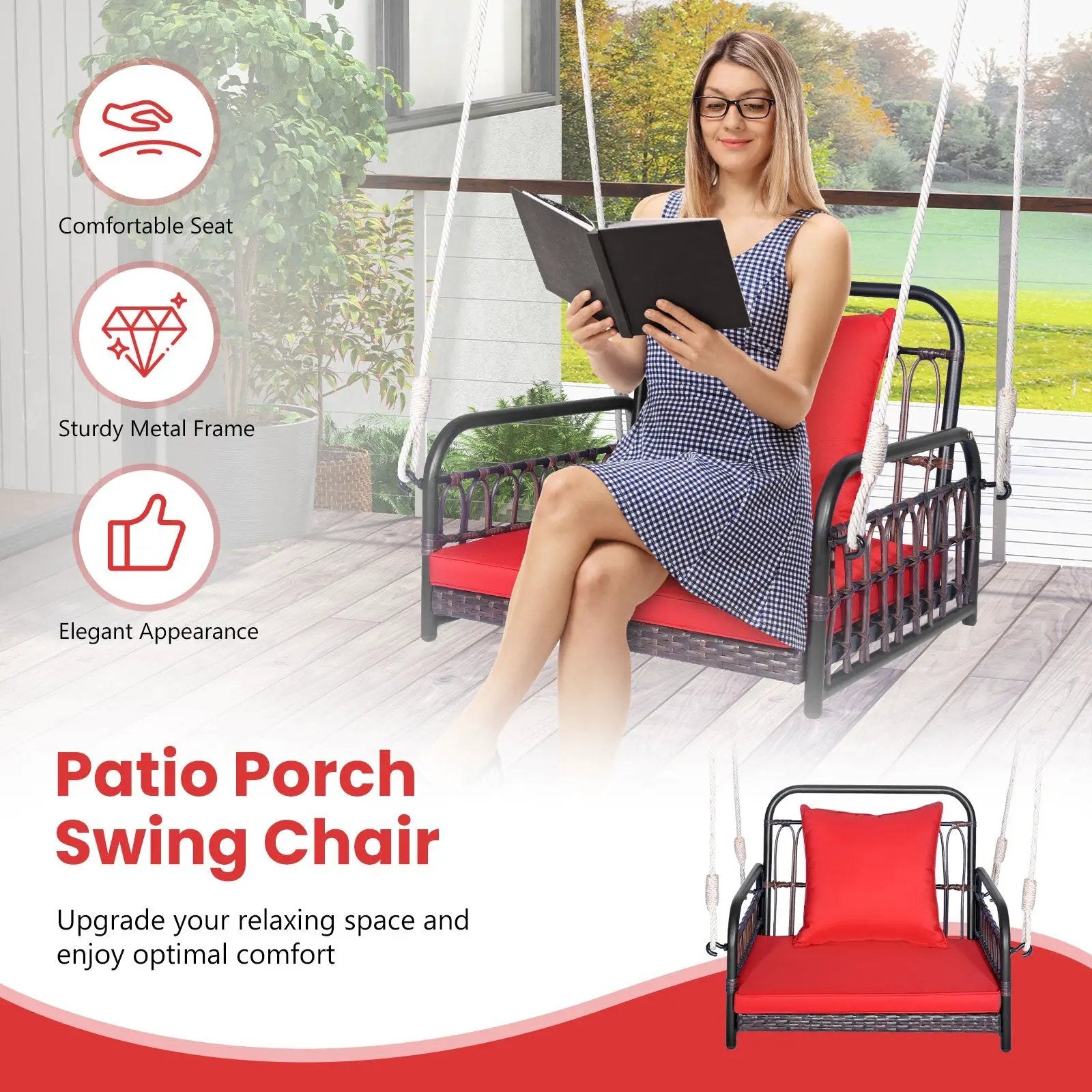Patio Rattan Porch Swing Hammock Chair with Seat Cushion-Red by DirectDeals
