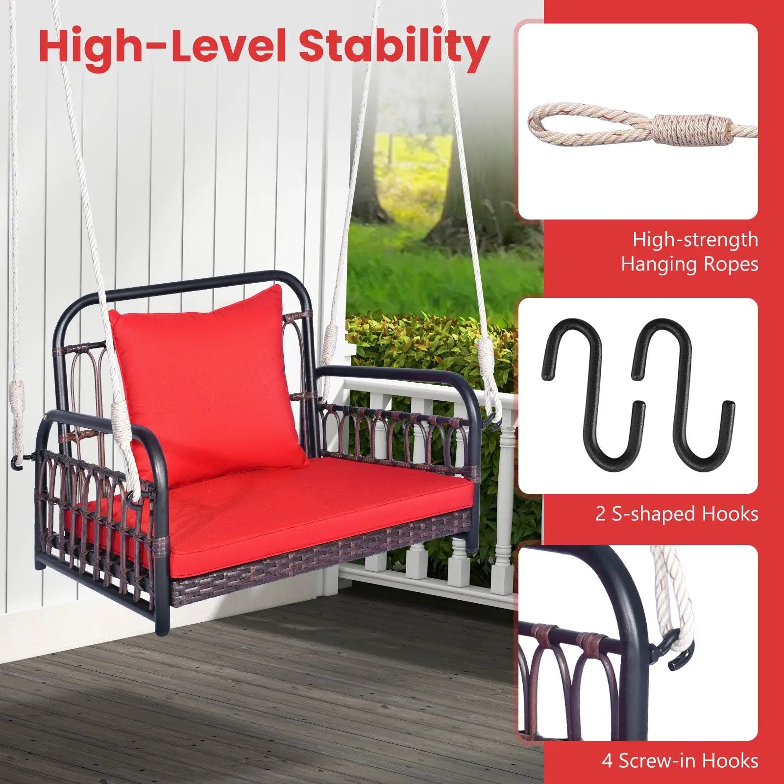 Patio Rattan Porch Swing Hammock Chair with Seat Cushion-Red by DirectDeals
