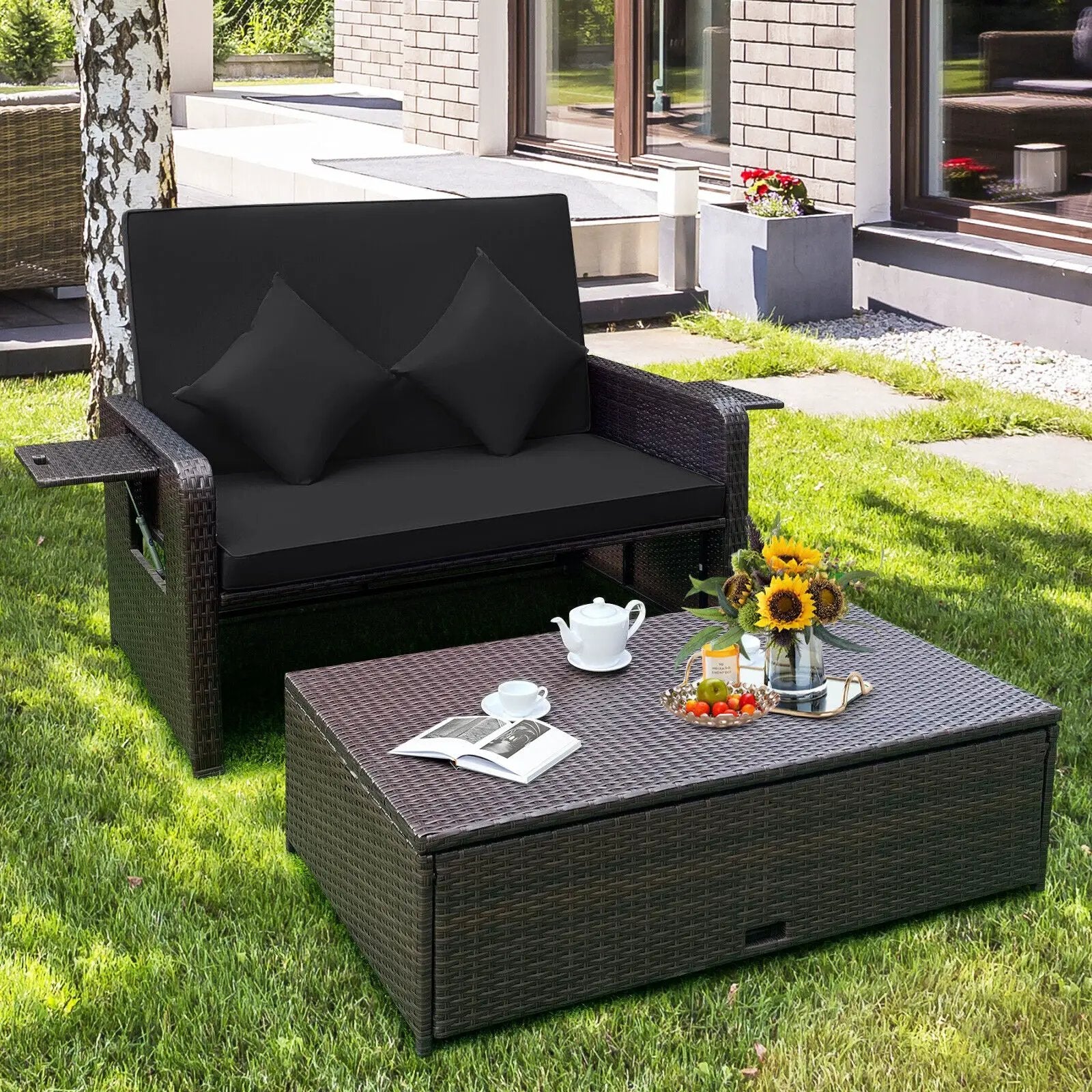 Outdoor Rattan Daybed with 4-Position Adjustable Backrest by DirectDeals