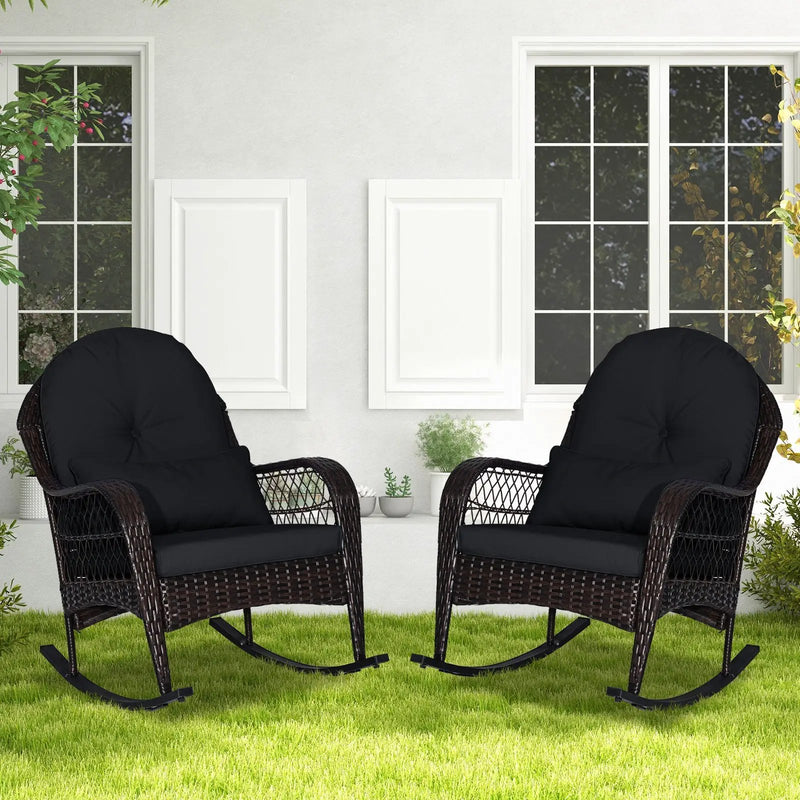 Patio Rattan Rocking Chair with Seat Back Cushions and Waist Pillow by DirectDeals