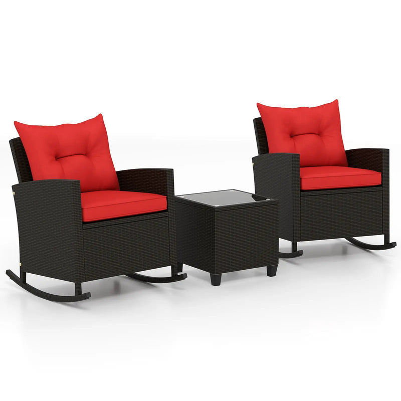 Patio Rattan Roker Chairs with Tempered Glass Table and Soft Cushions for Backyard Poolside Porch by DirectDeals
