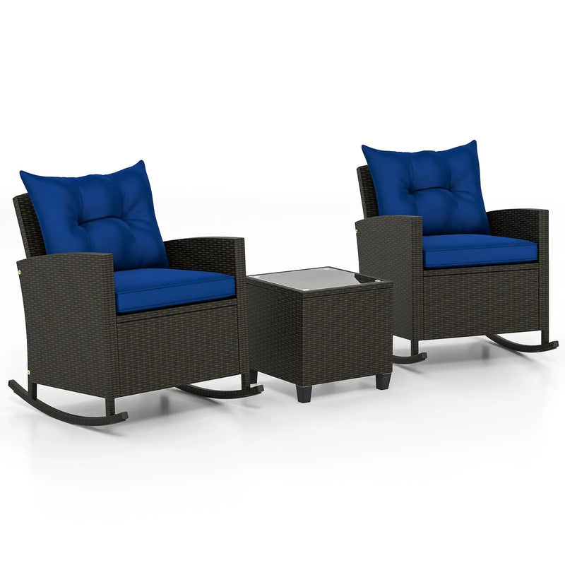 Patio Rattan Roker Chairs with Tempered Glass Table and Soft Cushions for Backyard Poolside Porch by DirectDeals