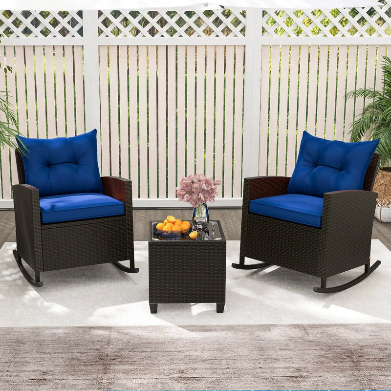 Patio Rattan Roker Chairs with Tempered Glass Table and Soft Cushions for Backyard Poolside Porch by DirectDeals
