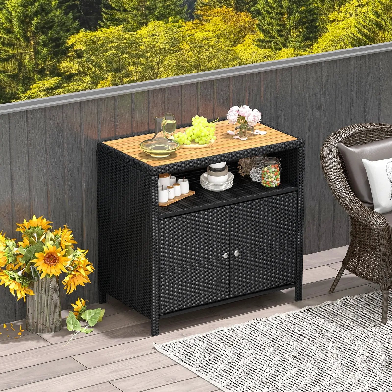 Rattan Storage Cabinet with Acacia Wood Countertop for Poolside Deck and Patio by DirectDeals