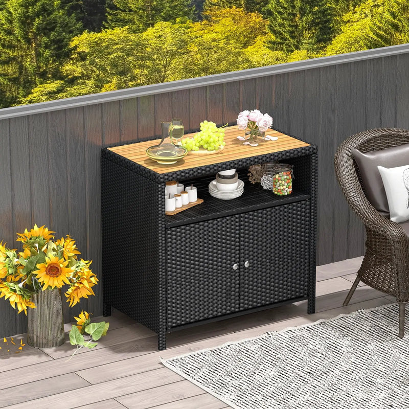 Rattan Storage Cabinet with Acacia Wood Countertop for Poolside Deck and Patio by DirectDeals
