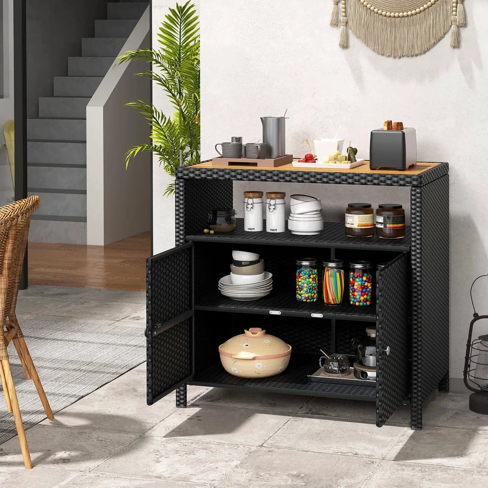 Rattan Storage Cabinet with Acacia Wood Countertop for Poolside Deck and Patio by DirectDeals