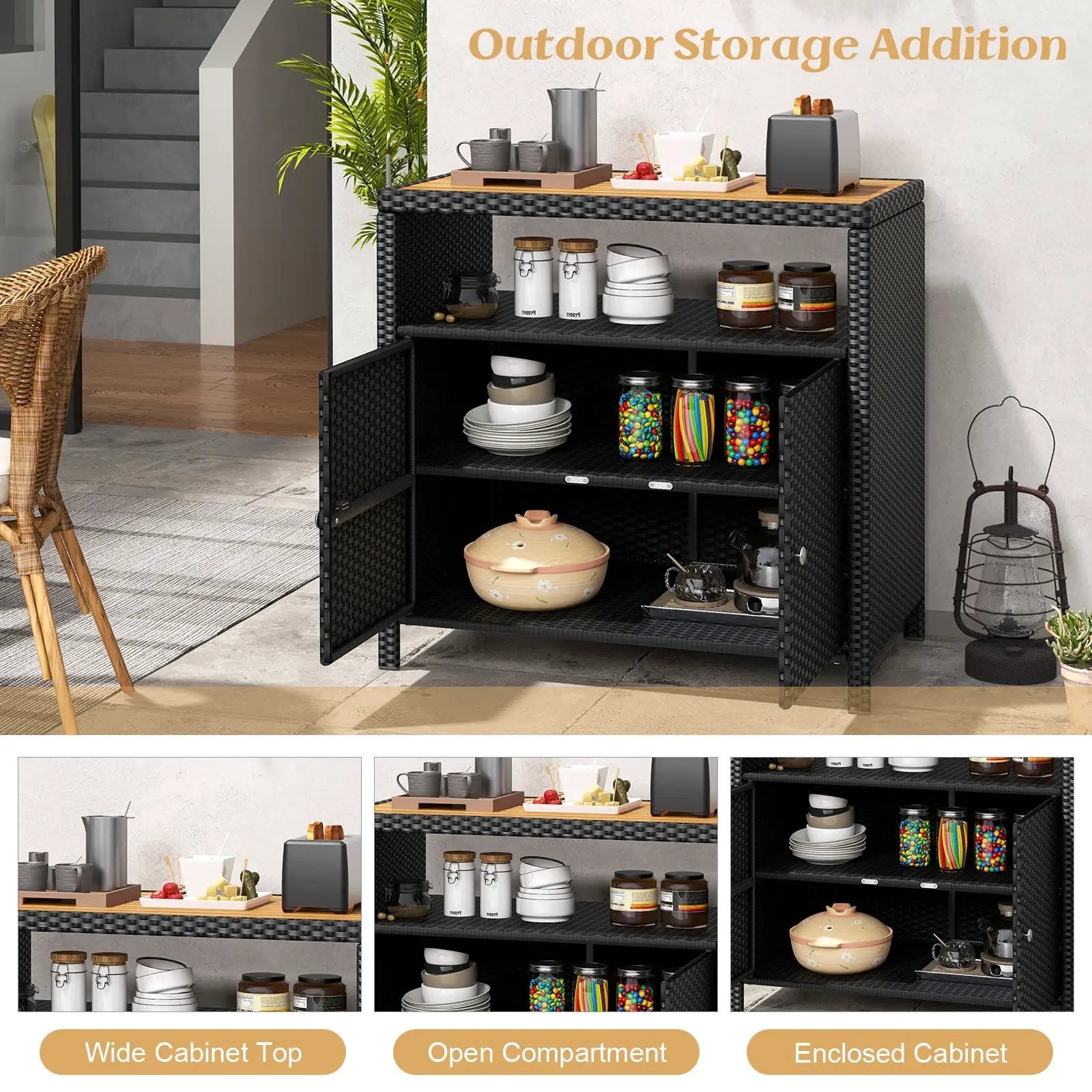Rattan Storage Cabinet with Acacia Wood Countertop for Poolside Deck and Patio by DirectDeals