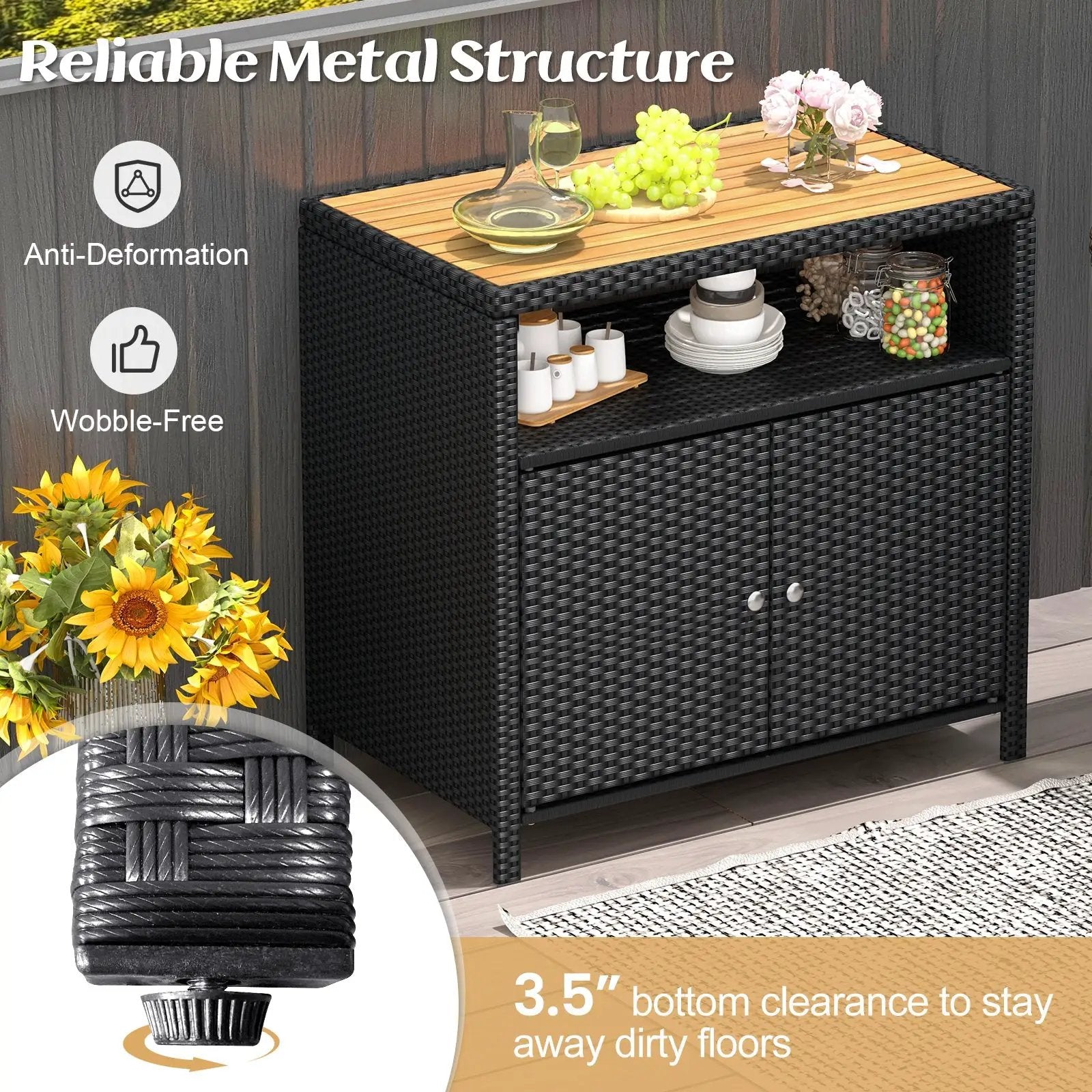 Rattan Storage Cabinet with Acacia Wood Countertop for Poolside Deck and Patio by DirectDeals