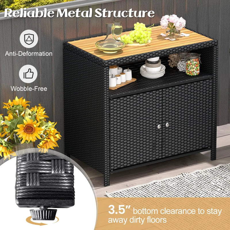 Rattan Storage Cabinet with Acacia Wood Countertop for Poolside Deck and Patio by DirectDeals