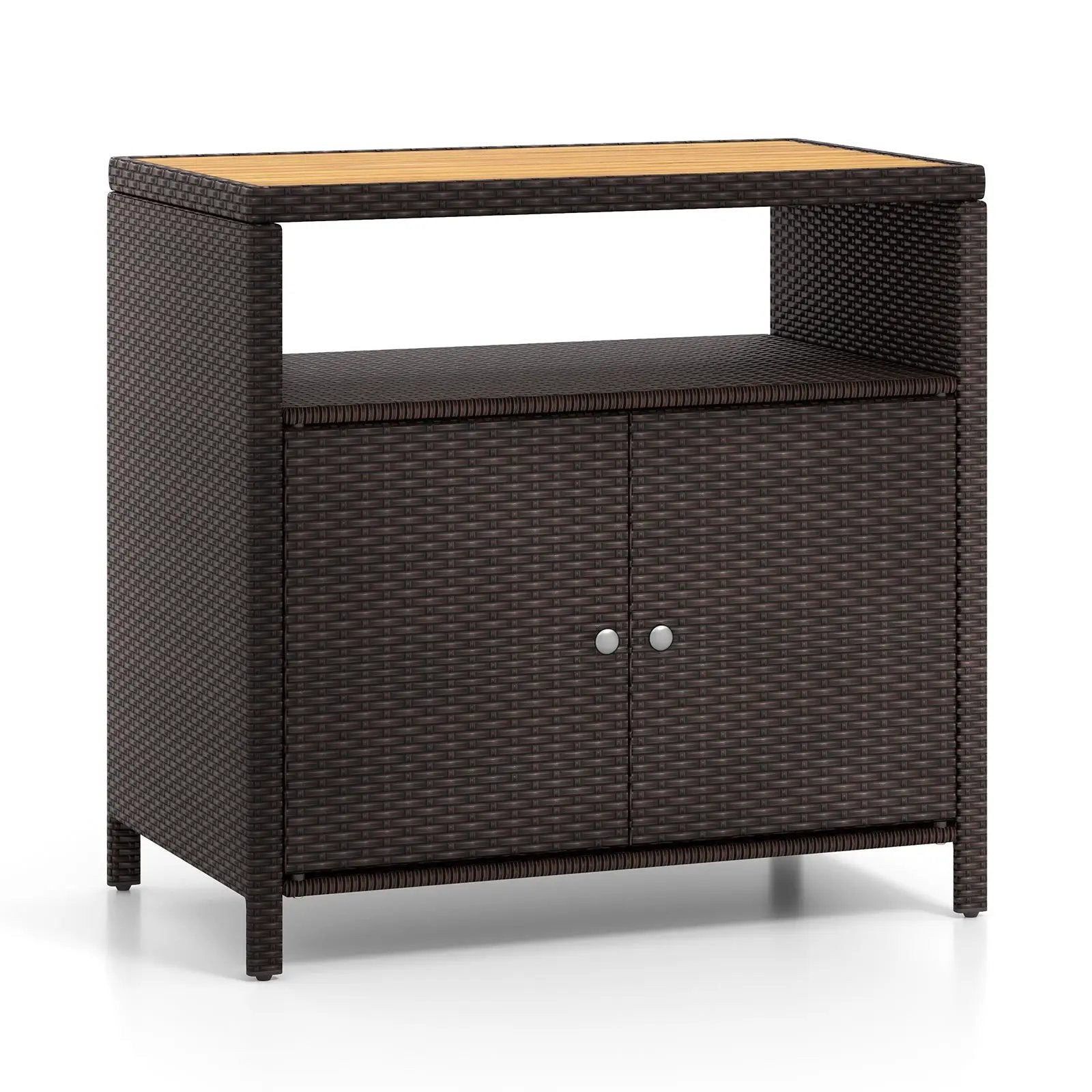 Rattan Storage Cabinet with Acacia Wood Countertop for Poolside Deck and Patio by DirectDeals