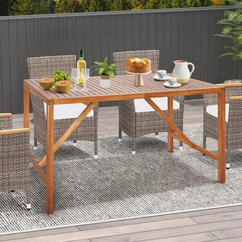 67 Inch Patio Rectangle Acacia Wood Dining Table with Umbrella Hole by DirectDeals