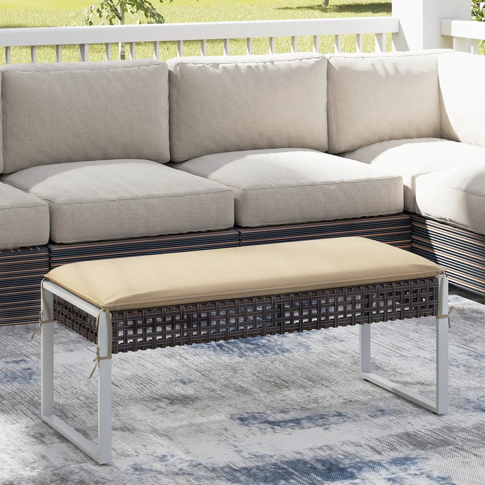 43 Inch Patio Rectangle Ottoman with Metal Legs and Seat Cushion-Beige by DirectDeals