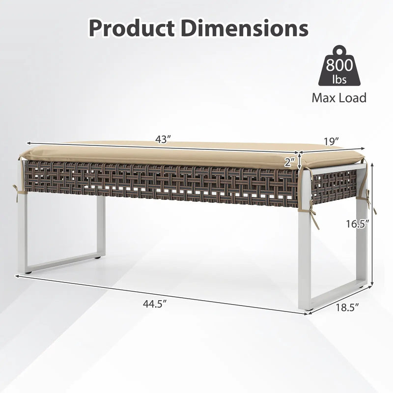 43 Inch Patio Rectangle Ottoman with Metal Legs and Seat Cushion-Beige by DirectDeals