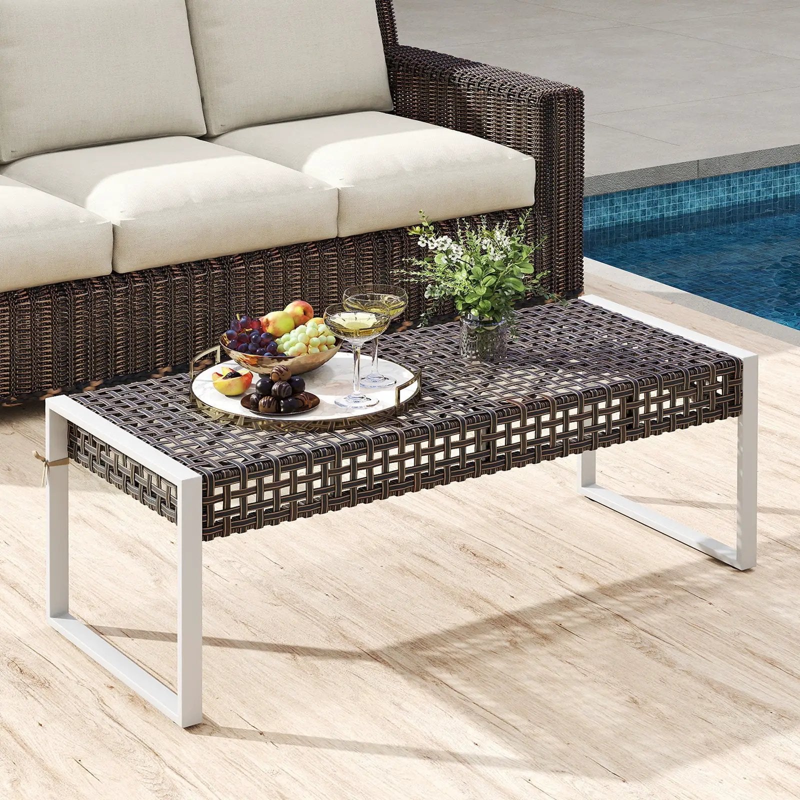 43 Inch Patio Rectangle Ottoman Pack of 2 with Metal Legs and Seat Cushion-Beige by DirectDeals