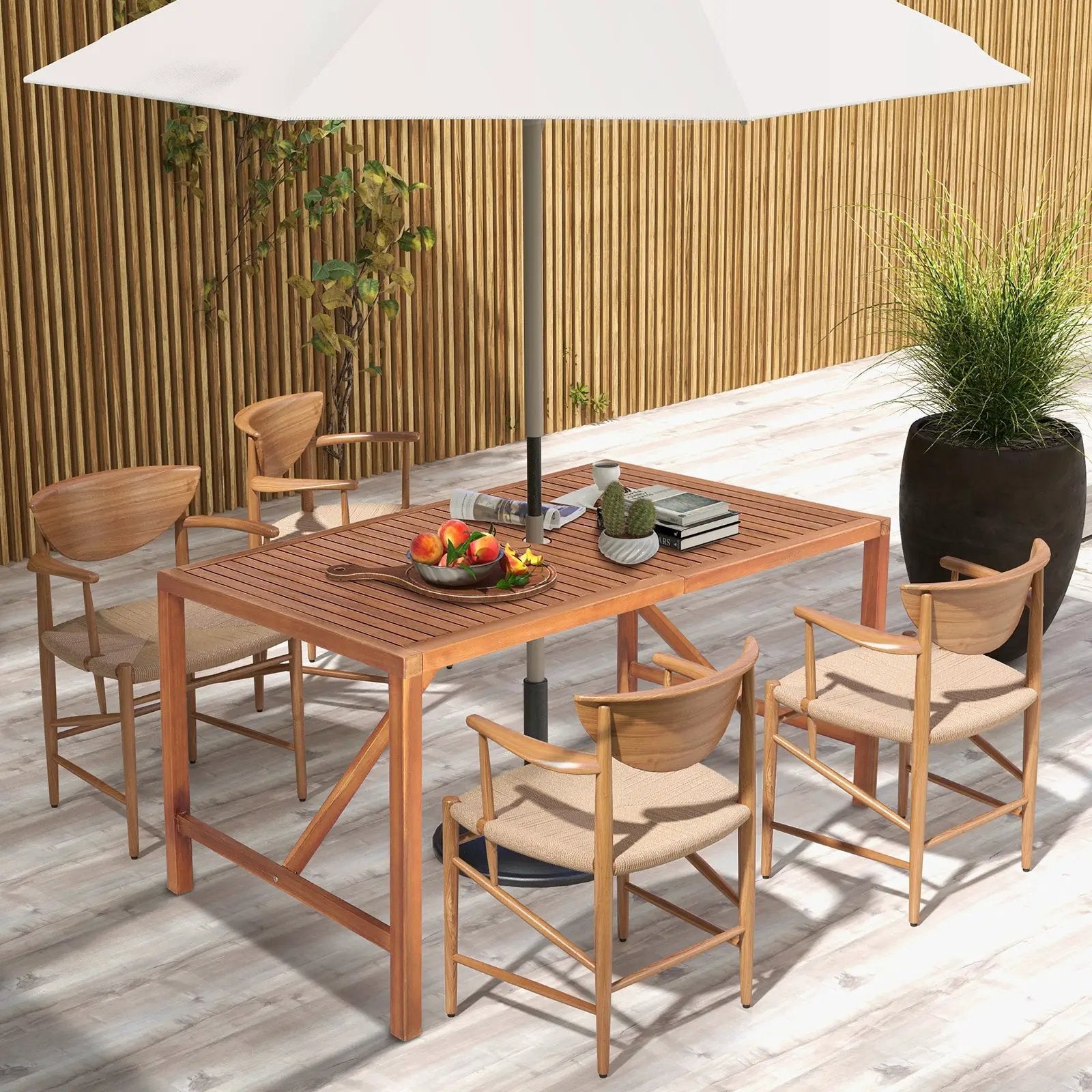 55 Inch Patio Rectangular Acacia Wood Dining Table with Umbrella Hole by DirectDeals