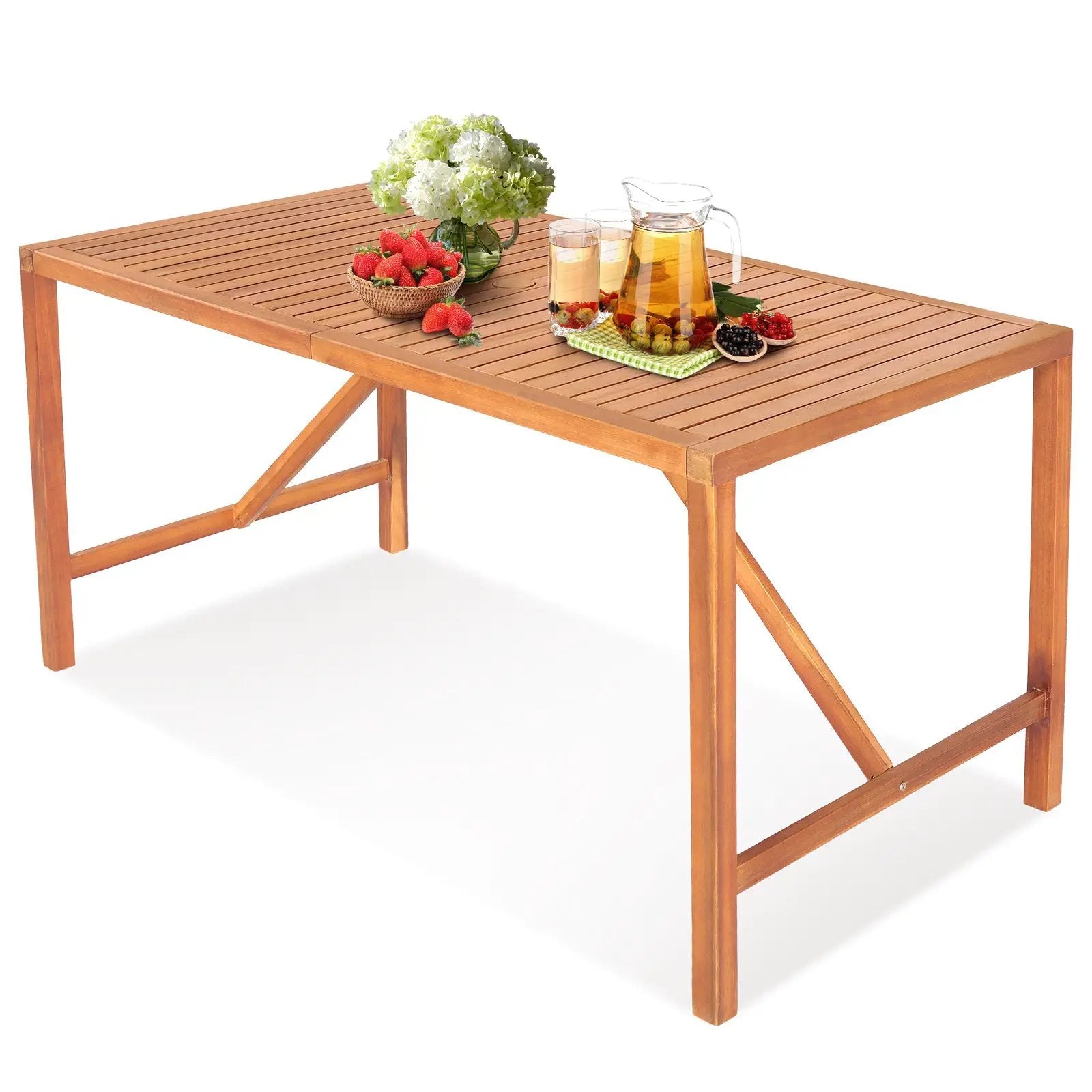 55 Inch Patio Rectangular Acacia Wood Dining Table with Umbrella Hole by DirectDeals