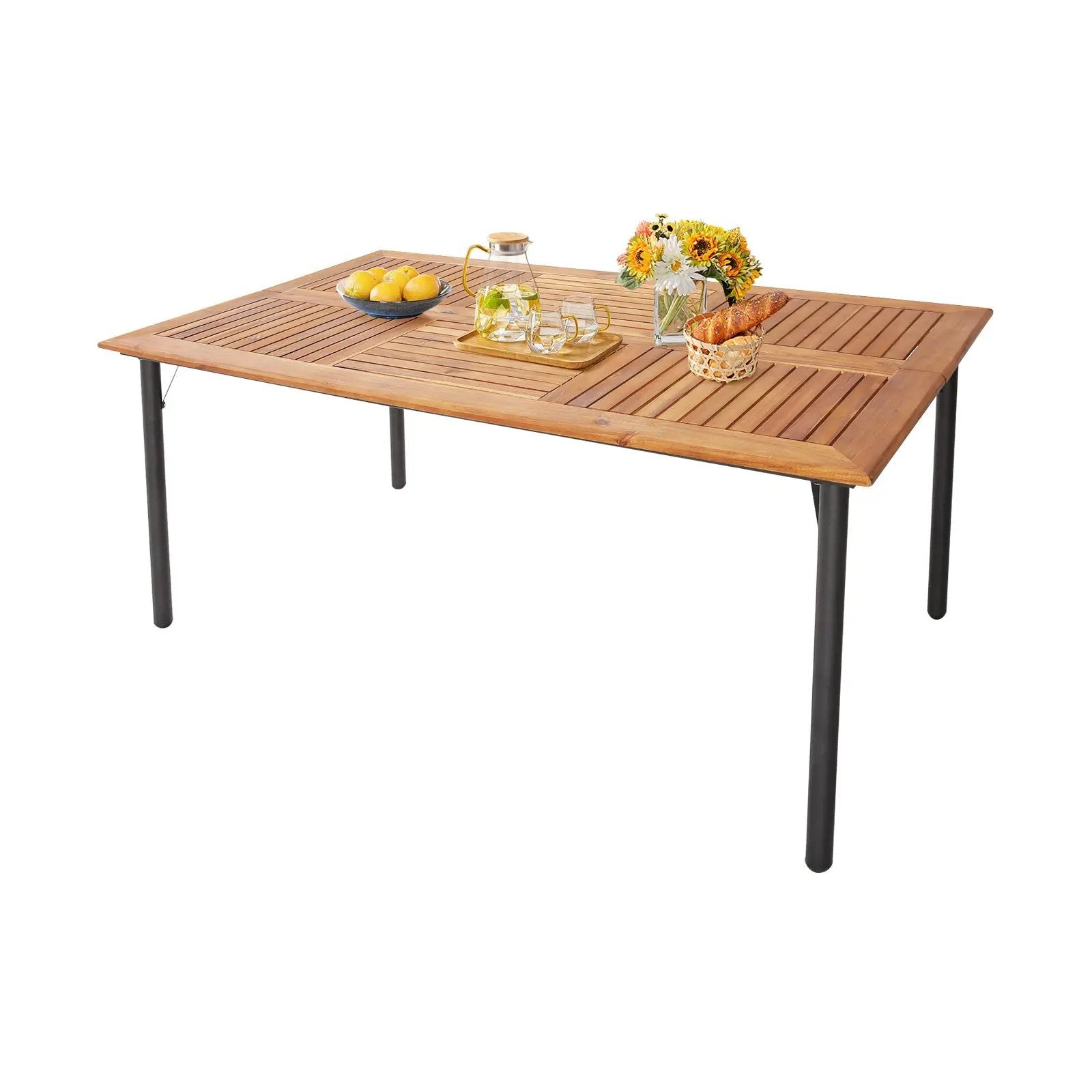Patio Acacia Wood Dining Table with Umbrella Hole and Metal Legs by DirectDeals