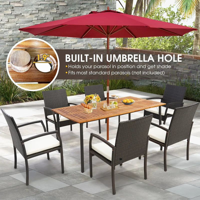 Patio Acacia Wood Dining Table with Umbrella Hole and Metal Legs by DirectDeals