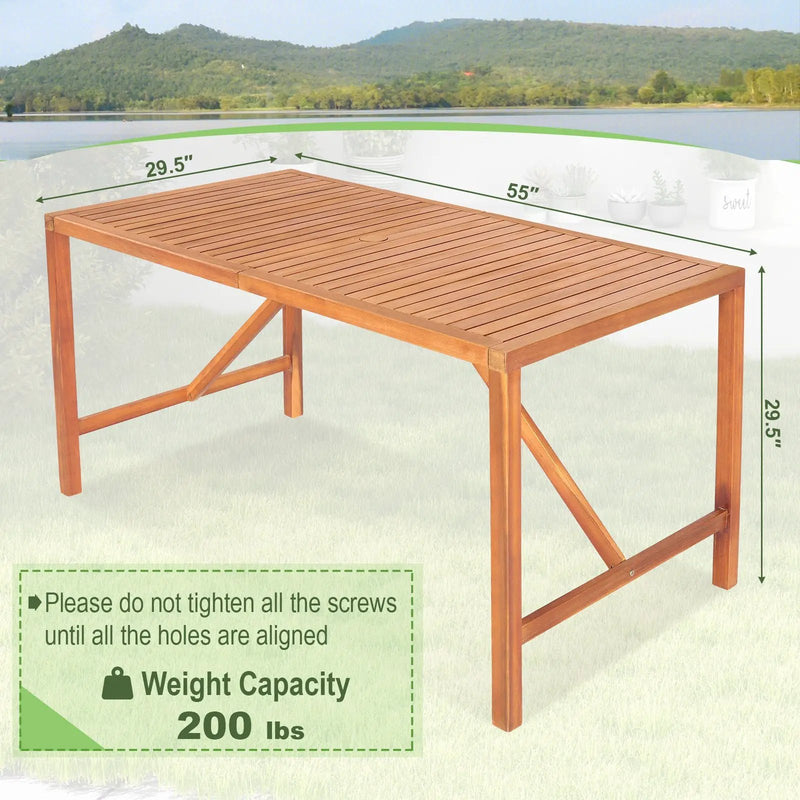 55 Inch Patio Rectangular Acacia Wood Dining Table with Umbrella Hole by DirectDeals