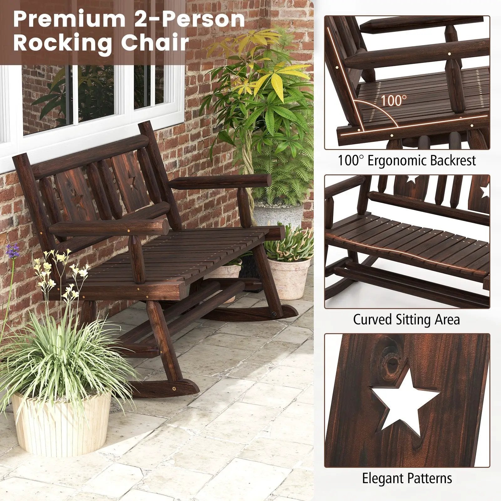 Patio Rocking Bench Double Rocker Chair with Ergonomic Seat 2-Person Loveseat by DirectDeals