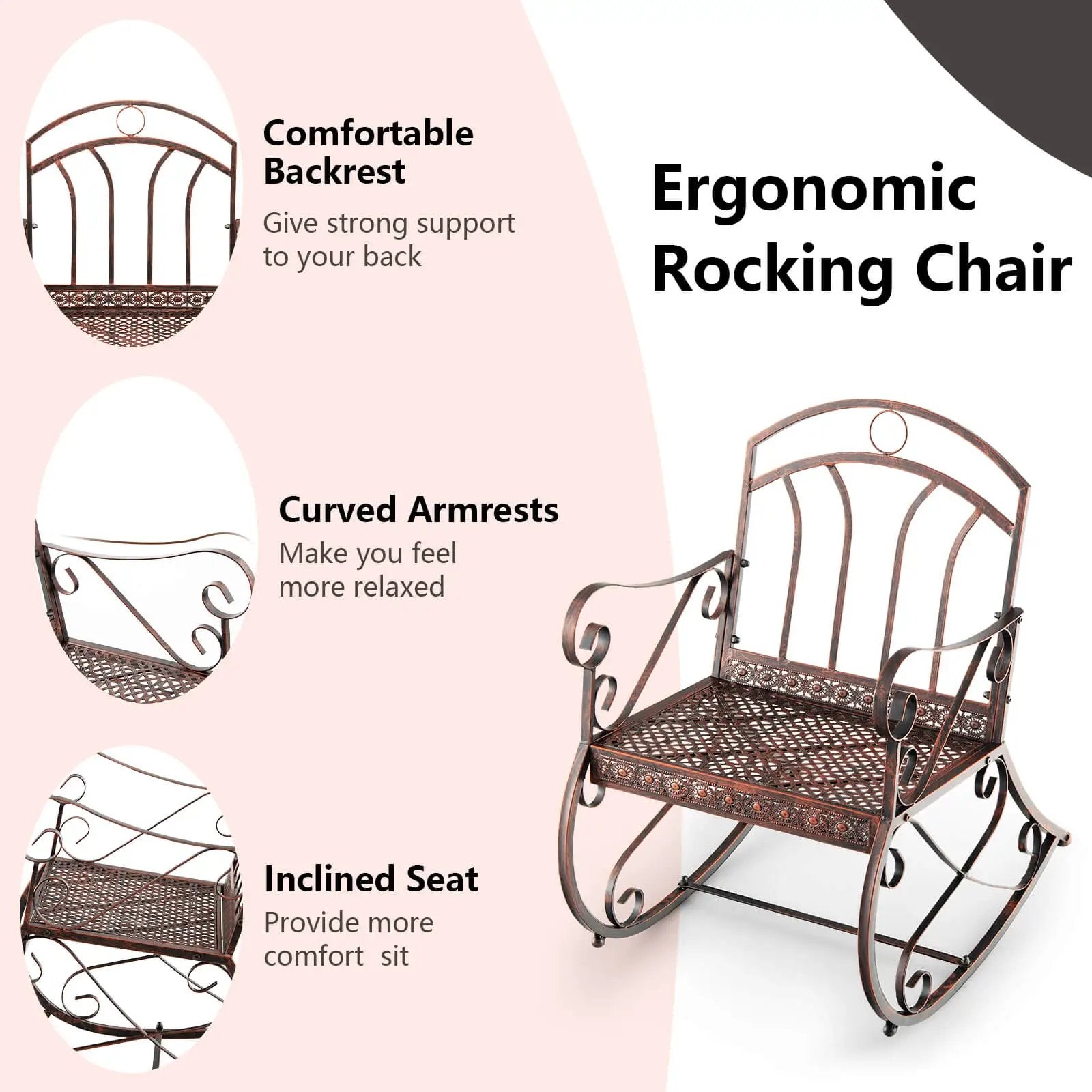 Heavy-Duty Patio Rocking Chair with Ergonomic Backrest and Armrests-Red by DirectDeals