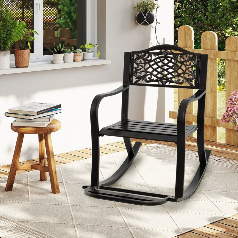 Patio Rocking Chair with Footrest and Curved Armrests-Brown by DirectDeals