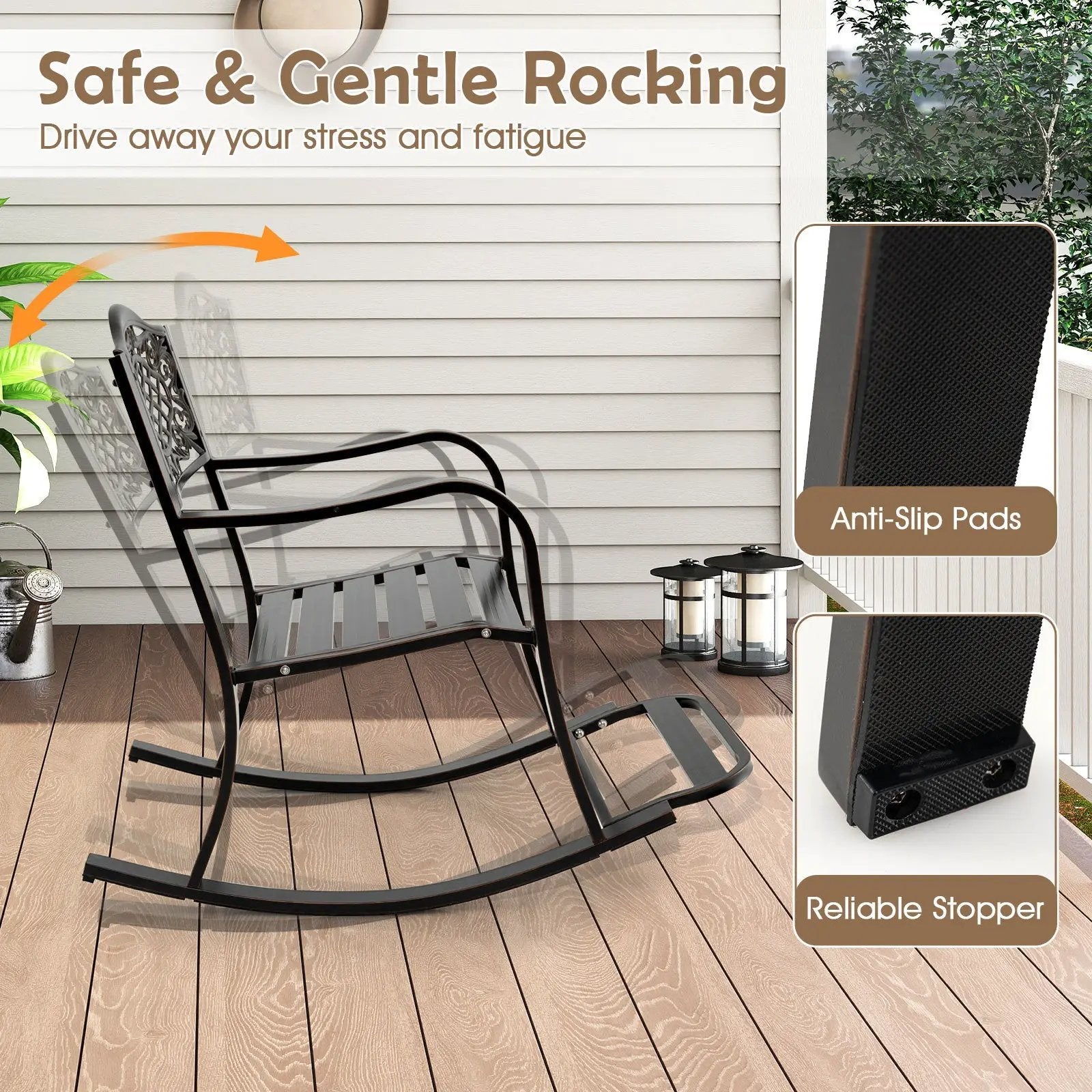 Patio Rocking Chair with Footrest and Curved Armrests-Brown by DirectDeals