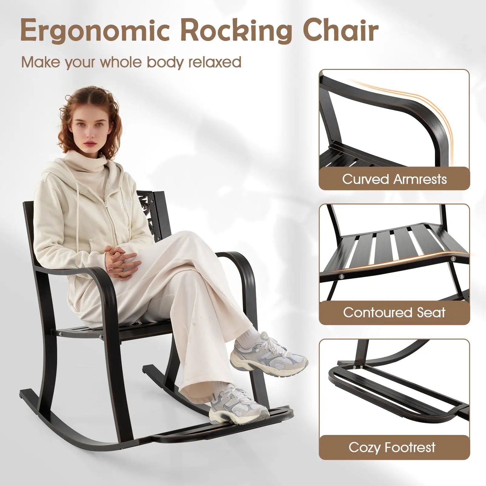 Patio Rocking Chair with Footrest and Curved Armrests-Brown by DirectDeals